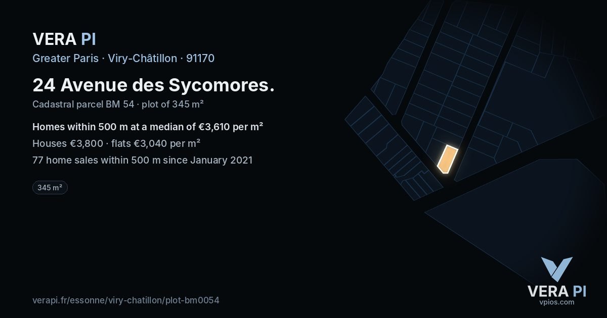 24 Avenue des Sycomores, Viry-Châtillon at night – the plot lit, the parcels around coloured by the prices near them