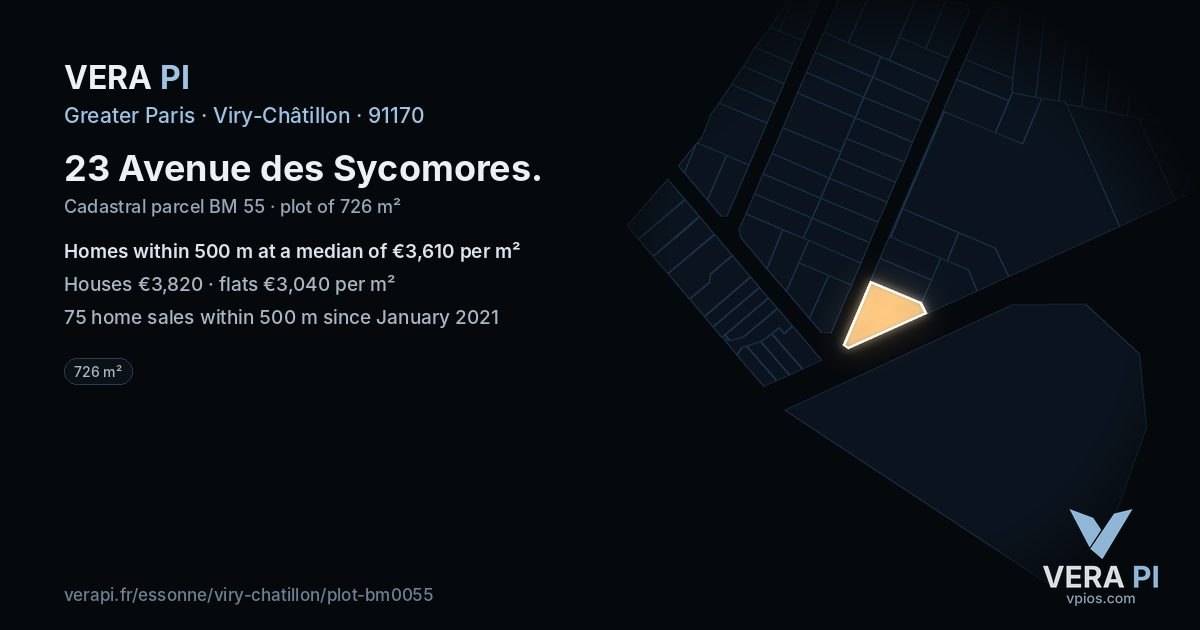 23 Avenue des Sycomores, Viry-Châtillon at night – the plot lit, the parcels around coloured by the prices near them