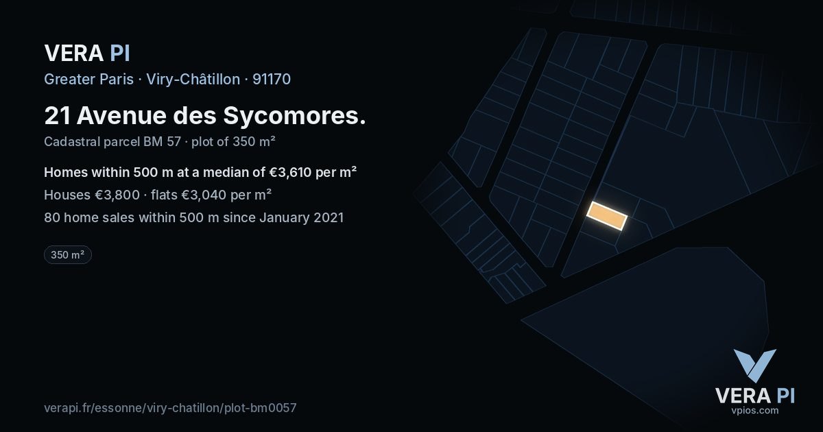 21 Avenue des Sycomores, Viry-Châtillon at night – the plot lit, the parcels around coloured by the prices near them