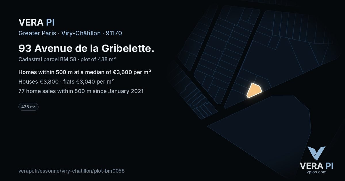 93 Avenue de la Gribelette, Viry-Châtillon at night – the plot lit, the parcels around coloured by the prices near them