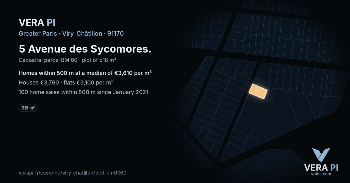 5 Avenue des Sycomores, Viry-Châtillon at night – the plot lit, the parcels around coloured by the prices near them