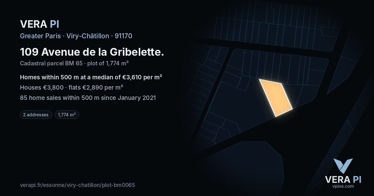 109 Avenue de la Gribelette, Viry-Châtillon at night – the plot lit, the parcels around coloured by the prices near them