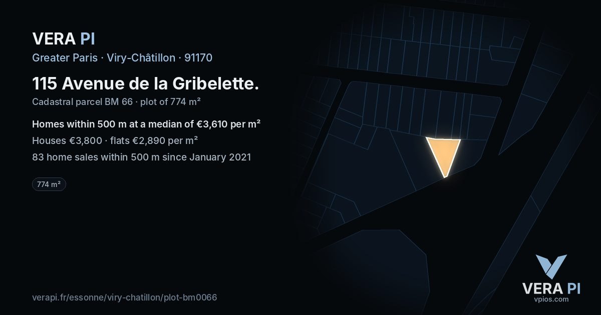 115 Avenue de la Gribelette, Viry-Châtillon at night – the plot lit, the parcels around coloured by the prices near them