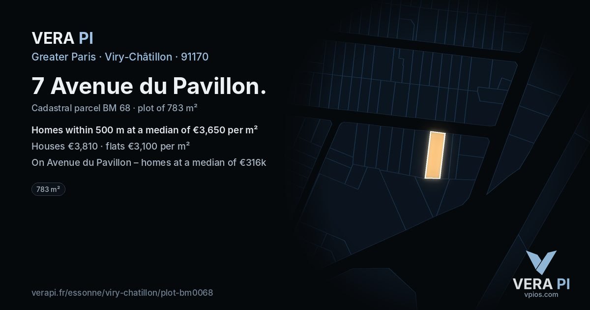 7 Avenue du Pavillon, Viry-Châtillon at night – the plot lit, the parcels around coloured by the prices near them