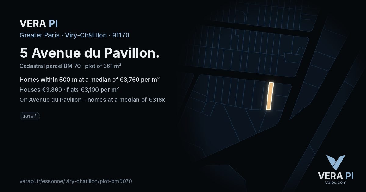 5 Avenue du Pavillon, Viry-Châtillon at night – the plot lit, the parcels around coloured by the prices near them