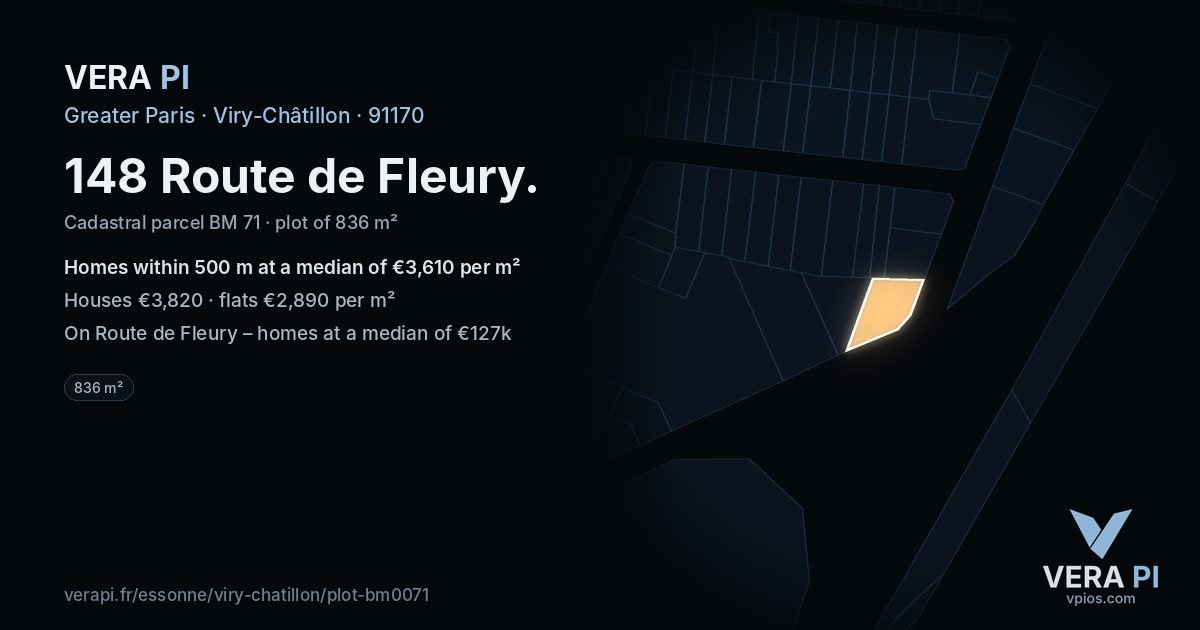 148 Route de Fleury, Viry-Châtillon at night – the plot lit, the parcels around coloured by the prices near them