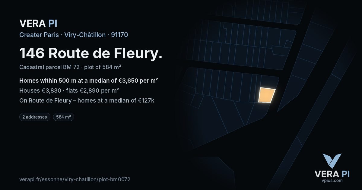 146 Route de Fleury, Viry-Châtillon at night – the plot lit, the parcels around coloured by the prices near them