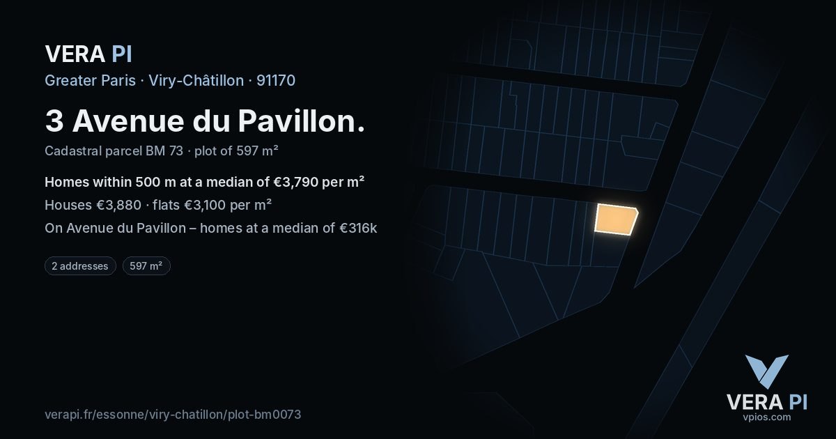3 Avenue du Pavillon, Viry-Châtillon at night – the plot lit, the parcels around coloured by the prices near them