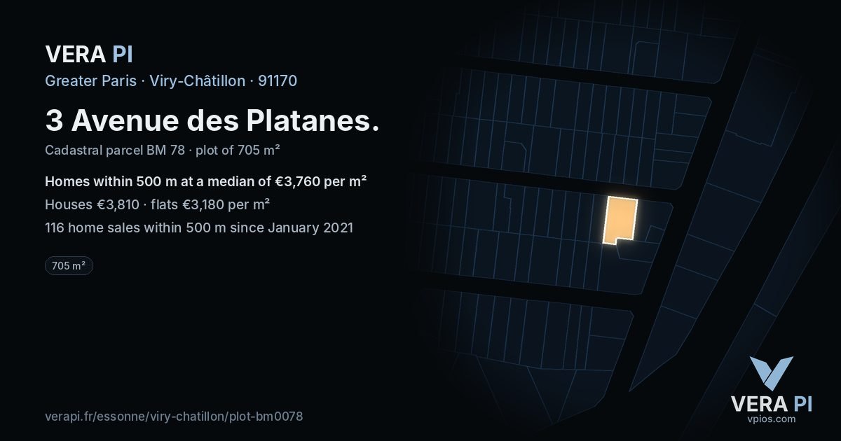 3 Avenue des Platanes, Viry-Châtillon at night – the plot lit, the parcels around coloured by the prices near them
