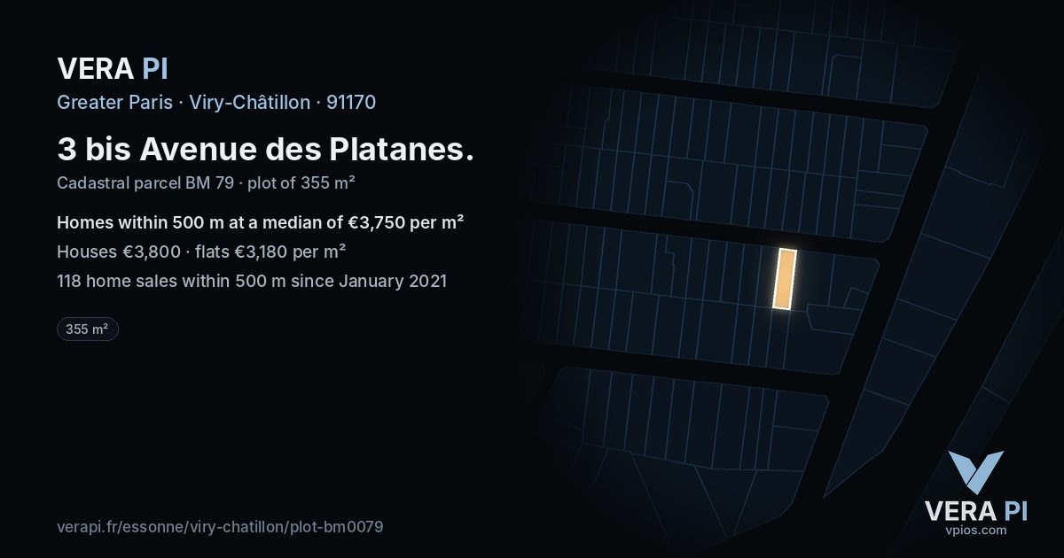 3 bis Avenue des Platanes, Viry-Châtillon at night – the plot lit, the parcels around coloured by the prices near them