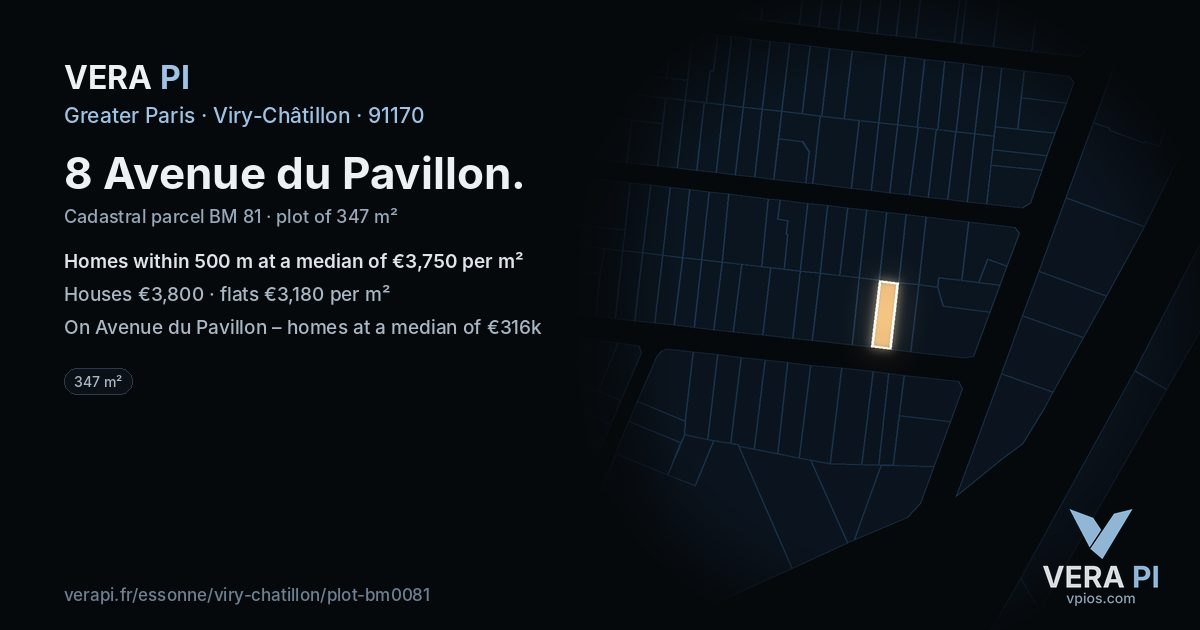 8 Avenue du Pavillon, Viry-Châtillon at night – the plot lit, the parcels around coloured by the prices near them