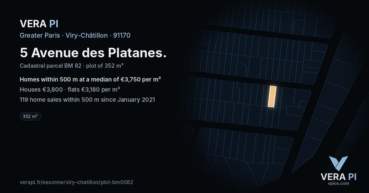 5 Avenue des Platanes, Viry-Châtillon at night – the plot lit, the parcels around coloured by the prices near them