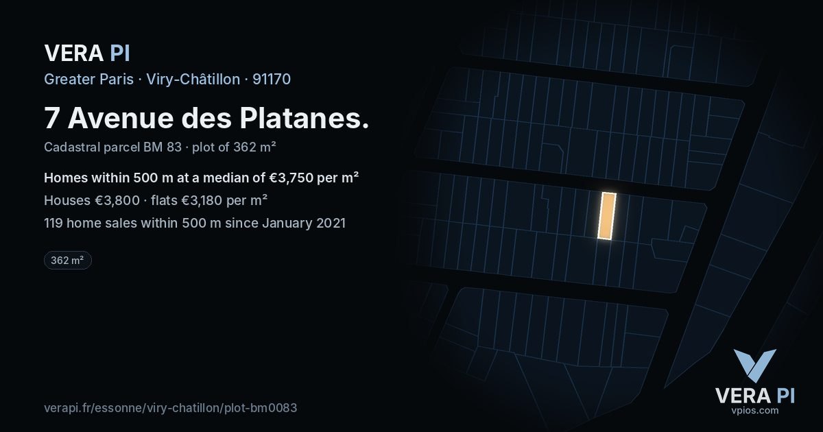 7 Avenue des Platanes, Viry-Châtillon at night – the plot lit, the parcels around coloured by the prices near them