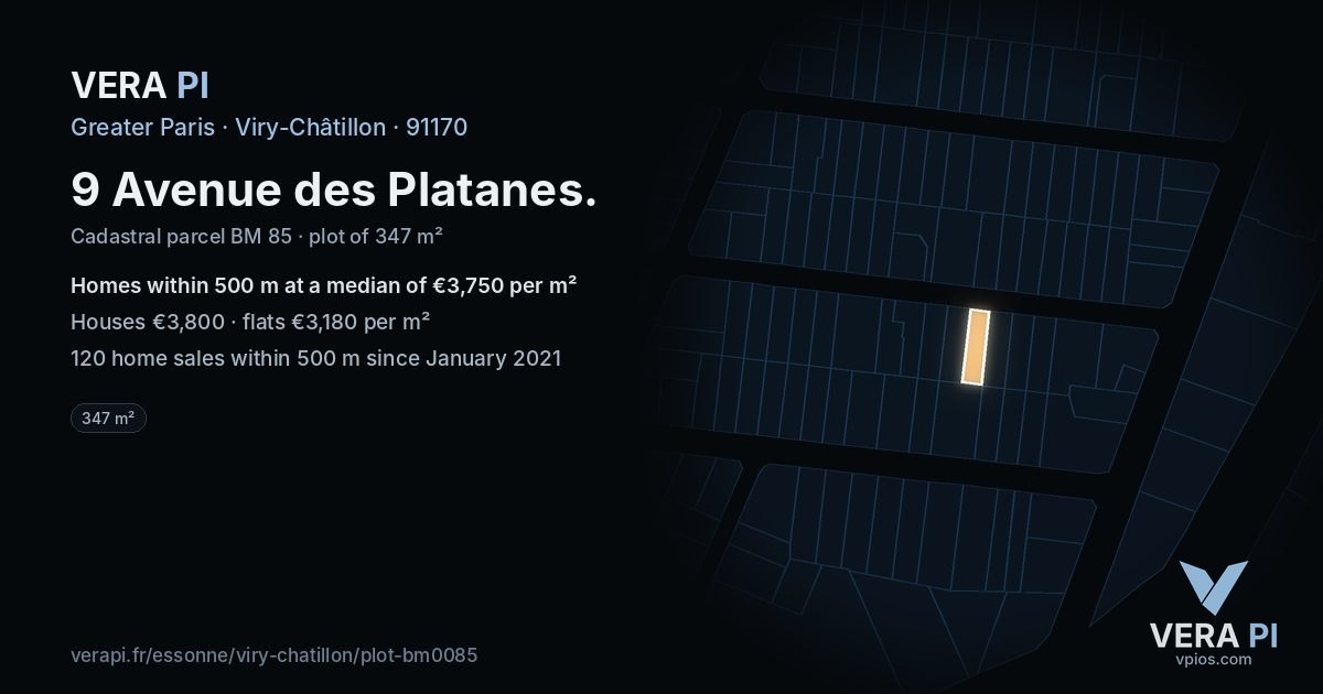 9 Avenue des Platanes, Viry-Châtillon at night – the plot lit, the parcels around coloured by the prices near them