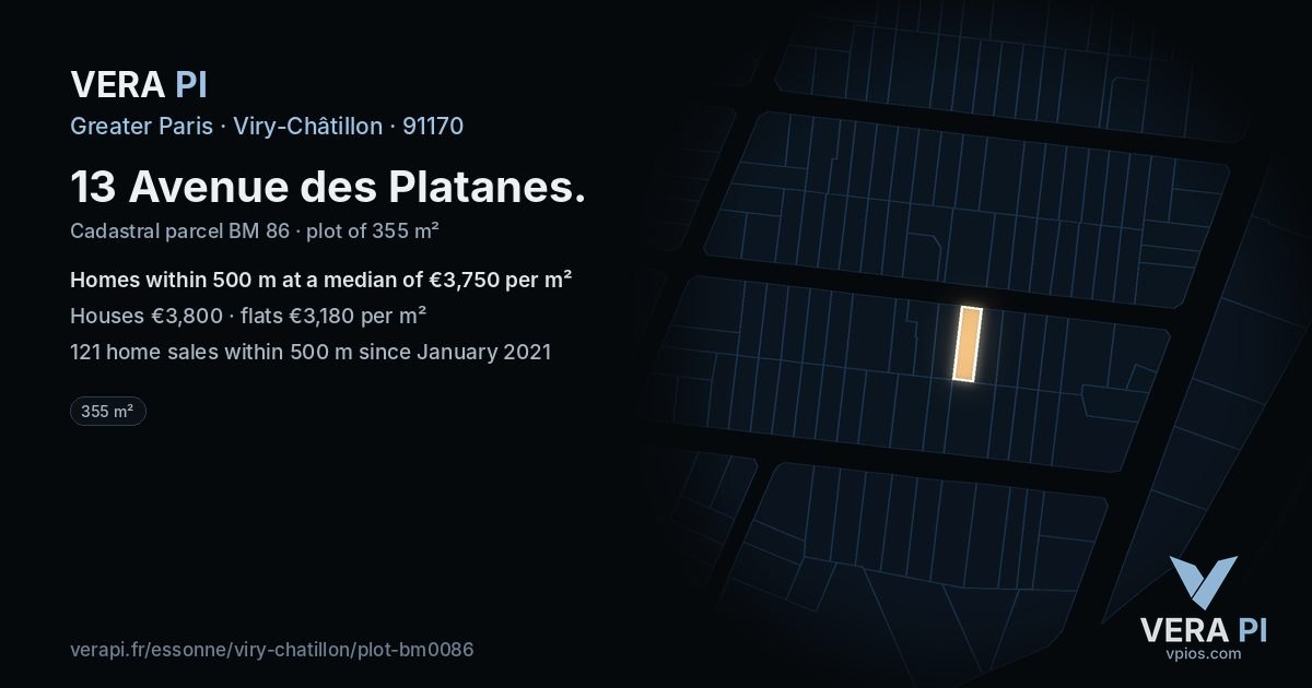 13 Avenue des Platanes, Viry-Châtillon at night – the plot lit, the parcels around coloured by the prices near them
