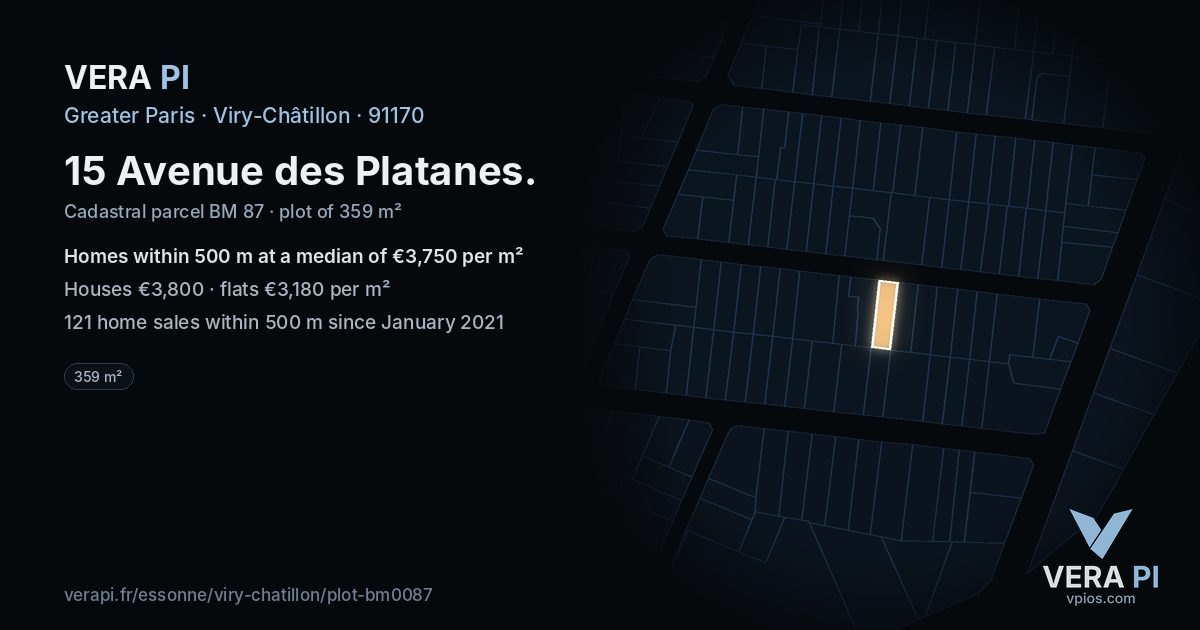 15 Avenue des Platanes, Viry-Châtillon at night – the plot lit, the parcels around coloured by the prices near them