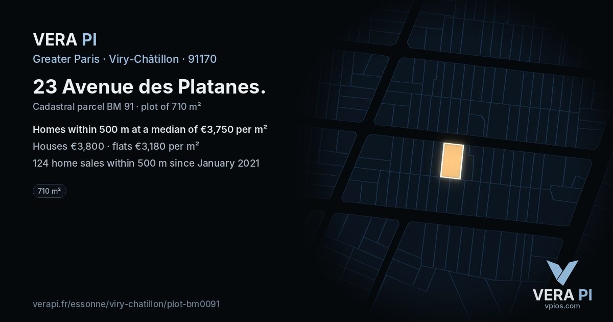 23 Avenue des Platanes, Viry-Châtillon at night – the plot lit, the parcels around coloured by the prices near them
