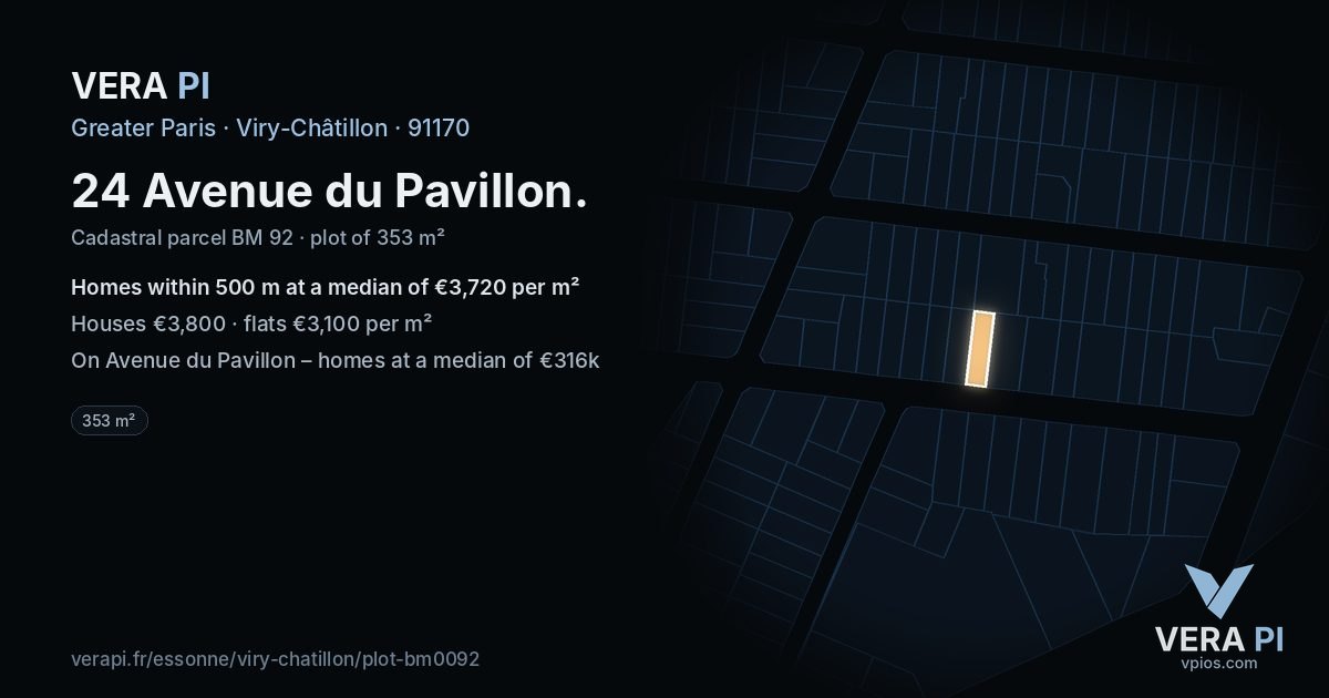 24 Avenue du Pavillon, Viry-Châtillon at night – the plot lit, the parcels around coloured by the prices near them