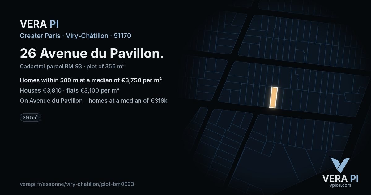 26 Avenue du Pavillon, Viry-Châtillon at night – the plot lit, the parcels around coloured by the prices near them
