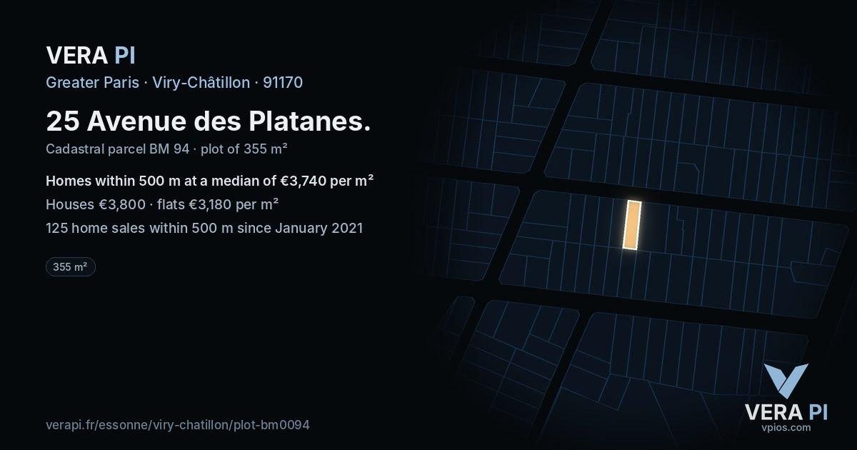 25 Avenue des Platanes, Viry-Châtillon at night – the plot lit, the parcels around coloured by the prices near them
