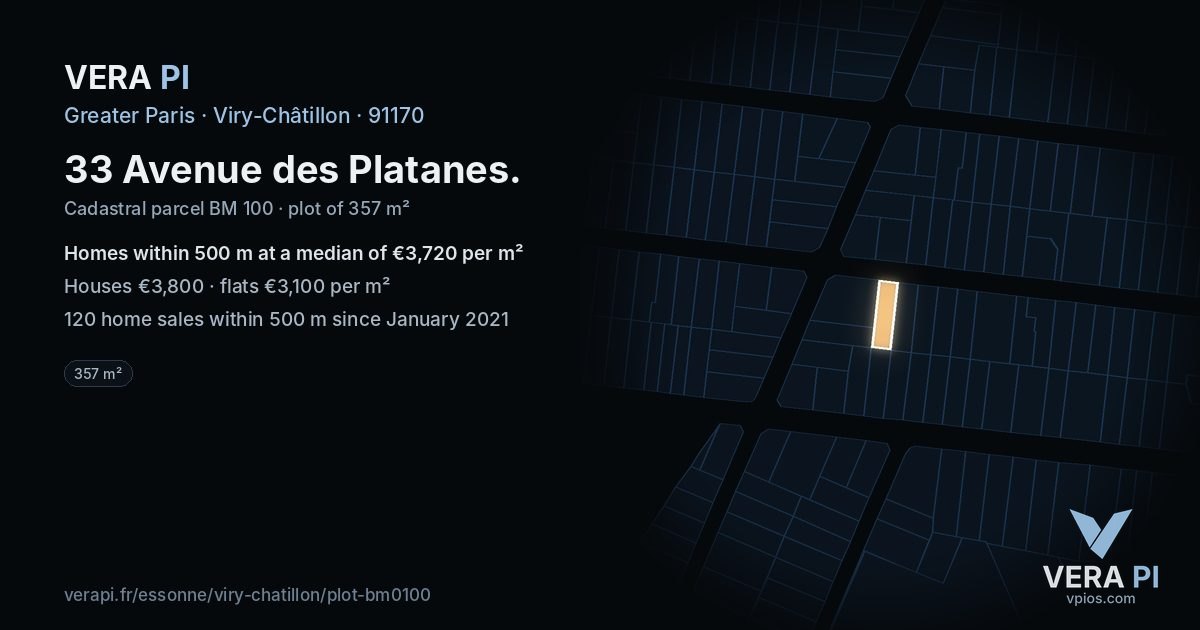 33 Avenue des Platanes, Viry-Châtillon at night – the plot lit, the parcels around coloured by the prices near them