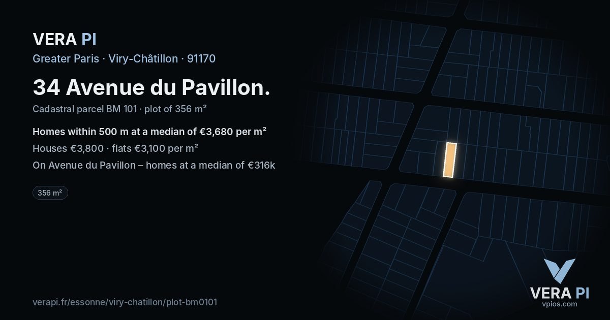 34 Avenue du Pavillon, Viry-Châtillon at night – the plot lit, the parcels around coloured by the prices near them