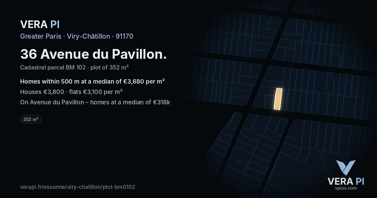 36 Avenue du Pavillon, Viry-Châtillon at night – the plot lit, the parcels around coloured by the prices near them