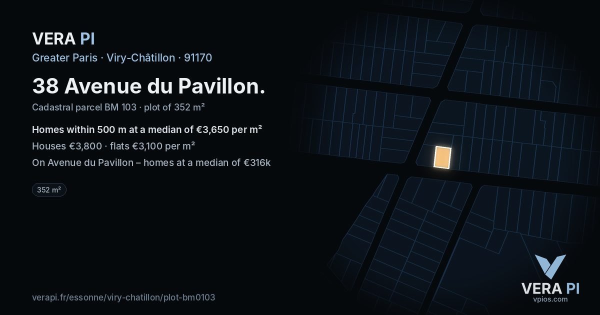 38 Avenue du Pavillon, Viry-Châtillon at night – the plot lit, the parcels around coloured by the prices near them
