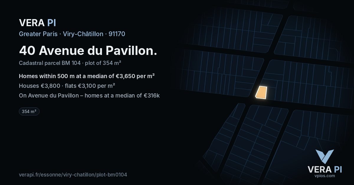 40 Avenue du Pavillon, Viry-Châtillon at night – the plot lit, the parcels around coloured by the prices near them