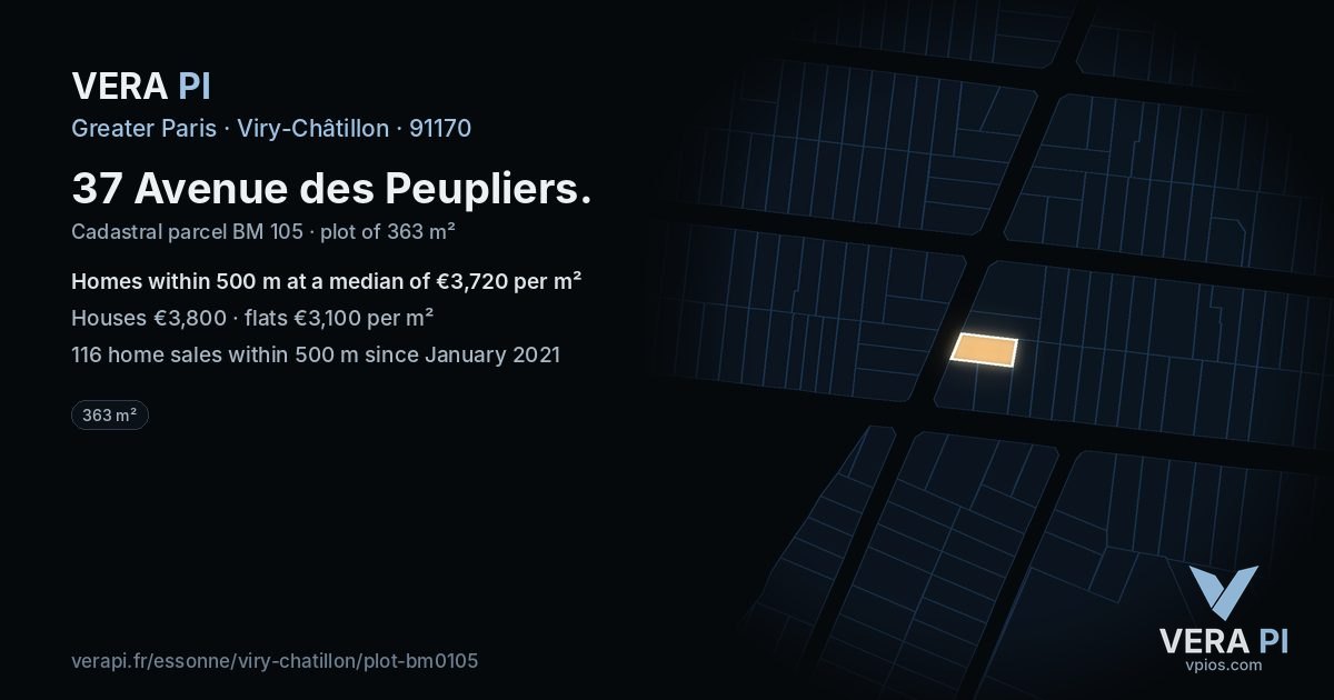 37 Avenue des Peupliers, Viry-Châtillon at night – the plot lit, the parcels around coloured by the prices near them