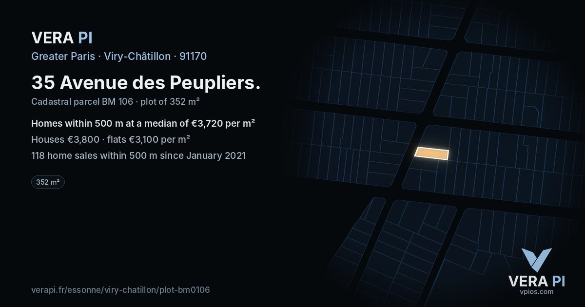 35 Avenue des Peupliers, Viry-Châtillon at night – the plot lit, the parcels around coloured by the prices near them