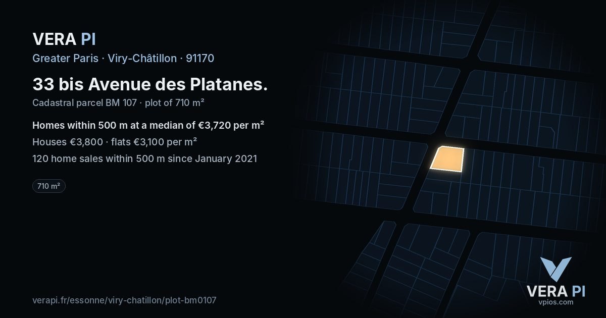 33 bis Avenue des Platanes, Viry-Châtillon at night – the plot lit, the parcels around coloured by the prices near them