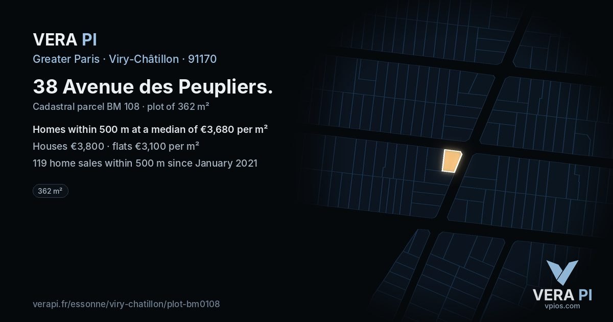 38 Avenue des Peupliers, Viry-Châtillon at night – the plot lit, the parcels around coloured by the prices near them