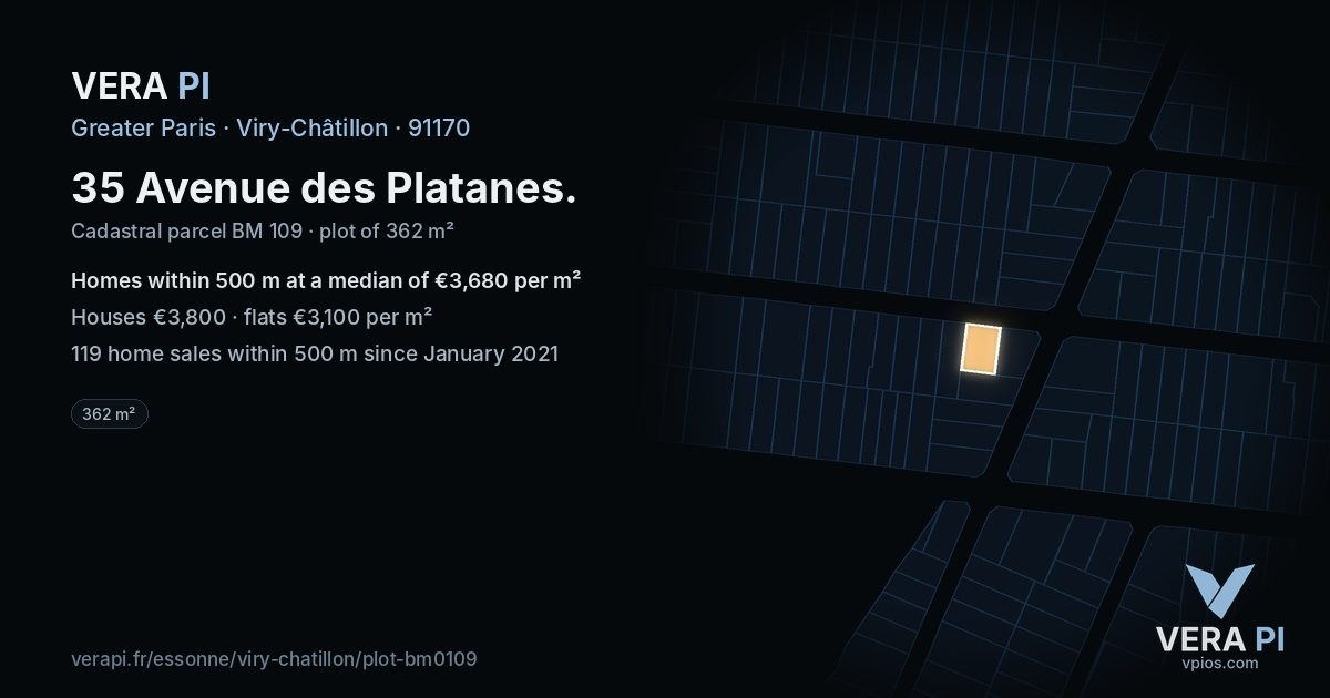 35 Avenue des Platanes, Viry-Châtillon at night – the plot lit, the parcels around coloured by the prices near them