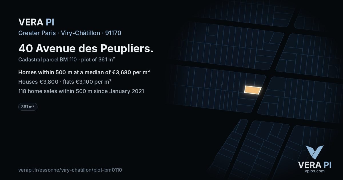 40 Avenue des Peupliers, Viry-Châtillon at night – the plot lit, the parcels around coloured by the prices near them
