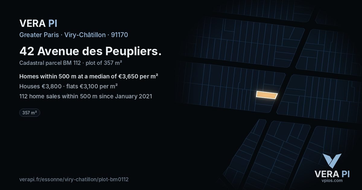 42 Avenue des Peupliers, Viry-Châtillon at night – the plot lit, the parcels around coloured by the prices near them
