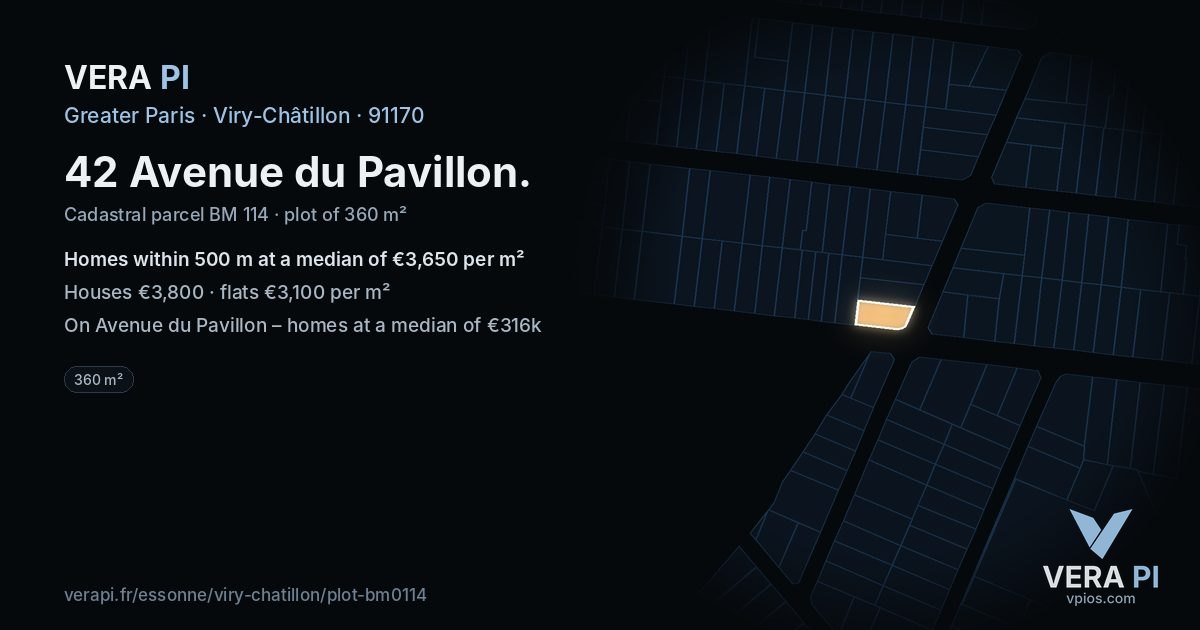 42 Avenue du Pavillon, Viry-Châtillon at night – the plot lit, the parcels around coloured by the prices near them
