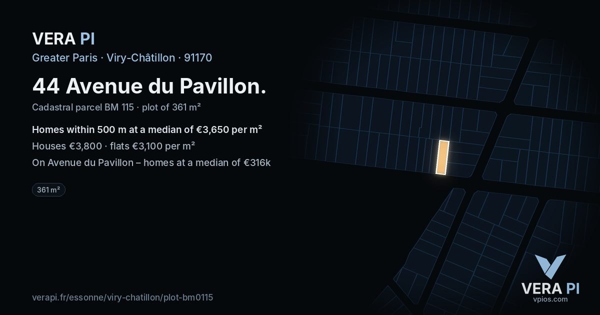 44 Avenue du Pavillon, Viry-Châtillon at night – the plot lit, the parcels around coloured by the prices near them
