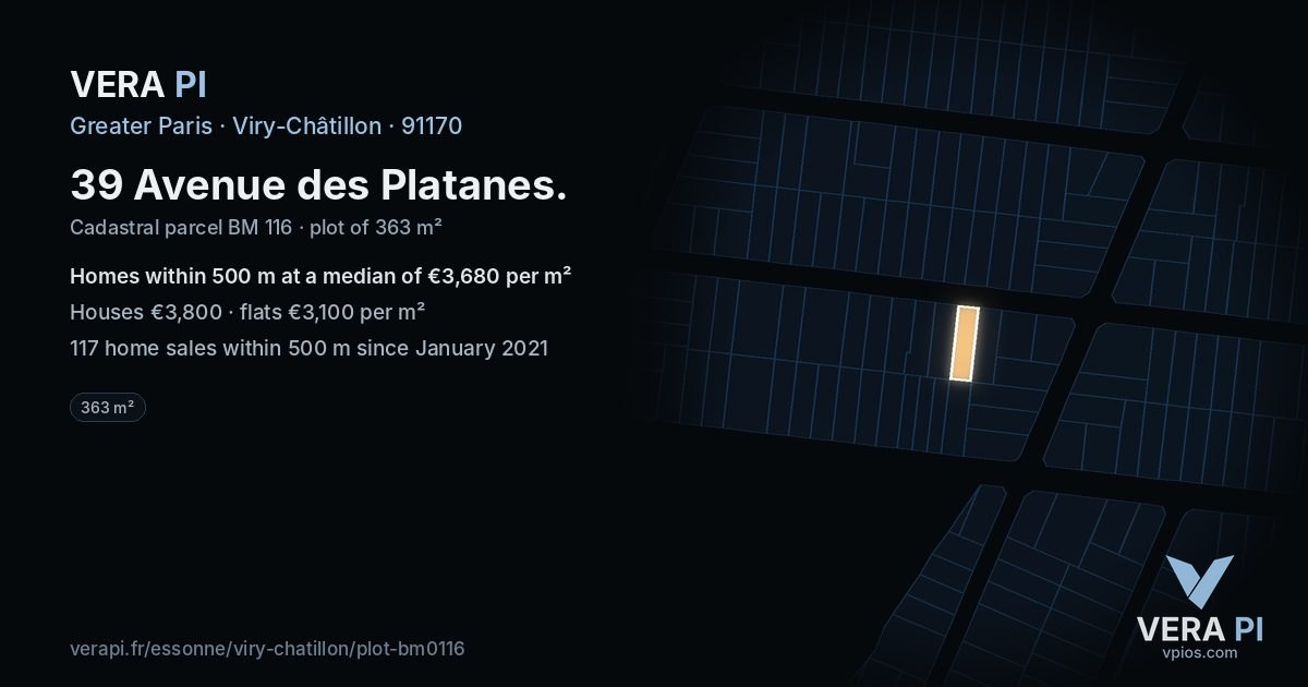 39 Avenue des Platanes, Viry-Châtillon at night – the plot lit, the parcels around coloured by the prices near them