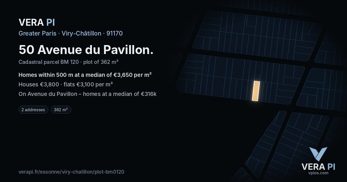 50 Avenue du Pavillon, Viry-Châtillon at night – the plot lit, the parcels around coloured by the prices near them