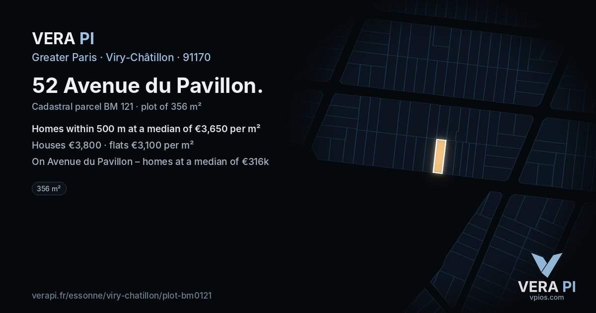 52 Avenue du Pavillon, Viry-Châtillon at night – the plot lit, the parcels around coloured by the prices near them