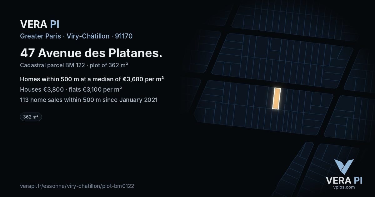 47 Avenue des Platanes, Viry-Châtillon at night – the plot lit, the parcels around coloured by the prices near them