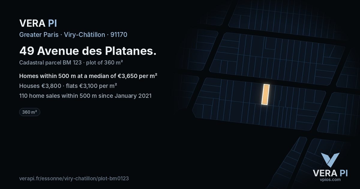 49 Avenue des Platanes, Viry-Châtillon at night – the plot lit, the parcels around coloured by the prices near them