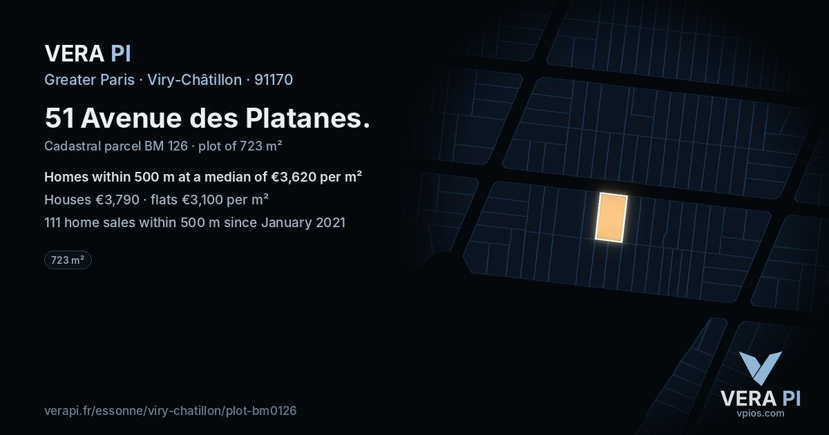 51 Avenue des Platanes, Viry-Châtillon at night – the plot lit, the parcels around coloured by the prices near them