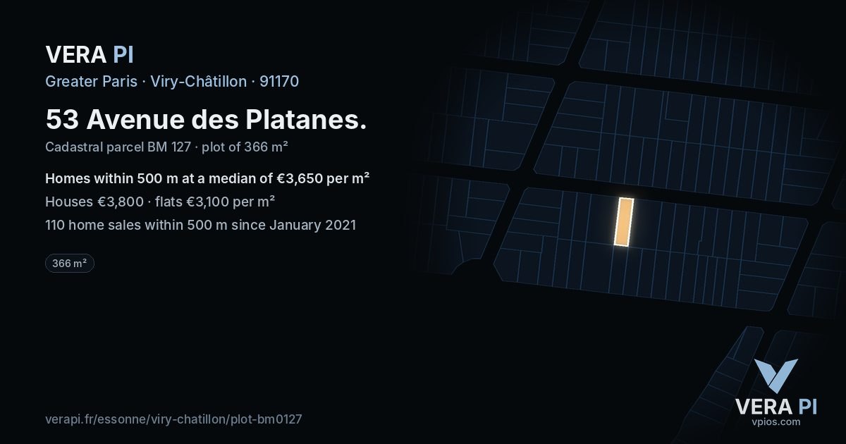53 Avenue des Platanes, Viry-Châtillon at night – the plot lit, the parcels around coloured by the prices near them