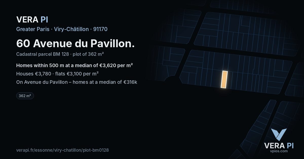 60 Avenue du Pavillon, Viry-Châtillon at night – the plot lit, the parcels around coloured by the prices near them
