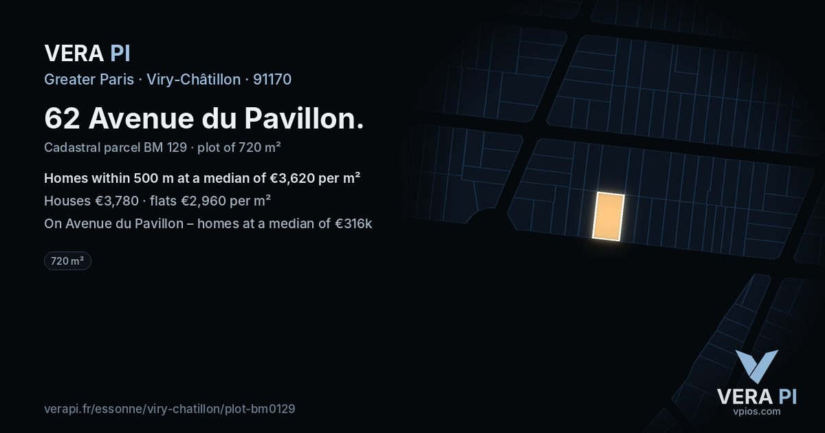 62 Avenue du Pavillon, Viry-Châtillon at night – the plot lit, the parcels around coloured by the prices near them