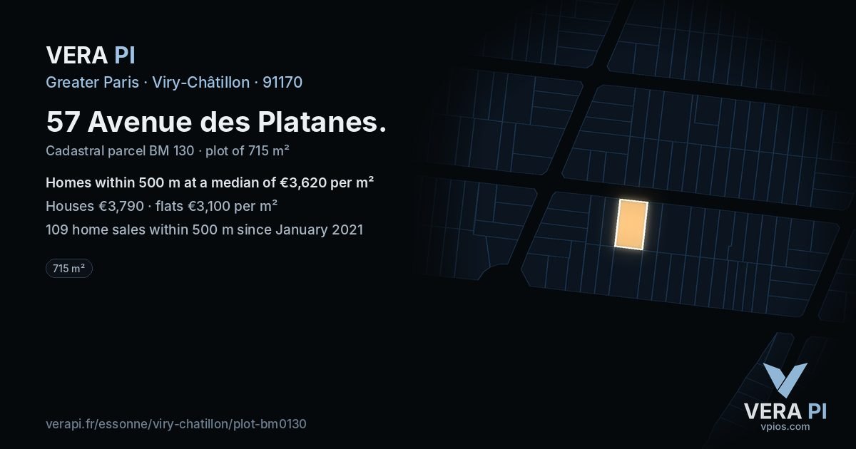 57 Avenue des Platanes, Viry-Châtillon at night – the plot lit, the parcels around coloured by the prices near them