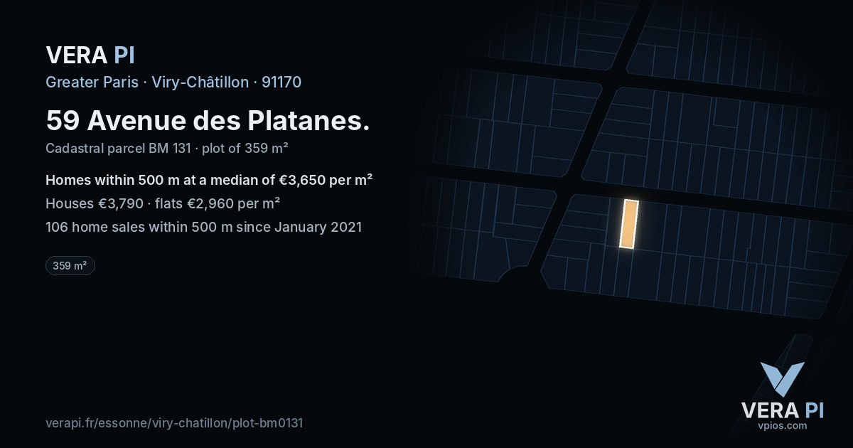 59 Avenue des Platanes, Viry-Châtillon at night – the plot lit, the parcels around coloured by the prices near them