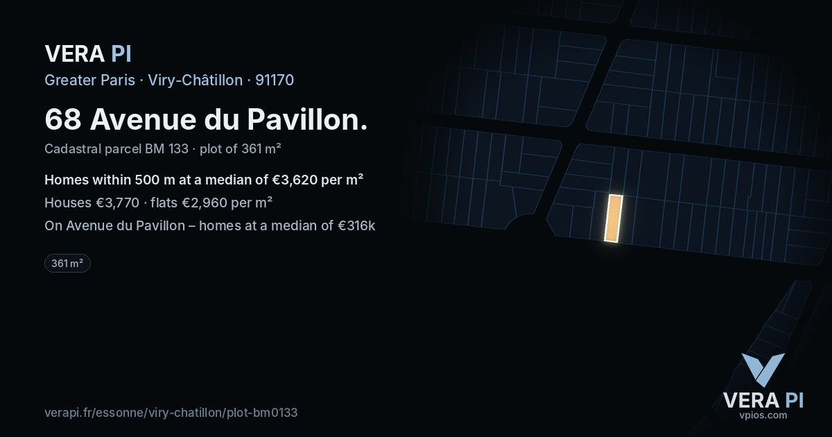 68 Avenue du Pavillon, Viry-Châtillon at night – the plot lit, the parcels around coloured by the prices near them